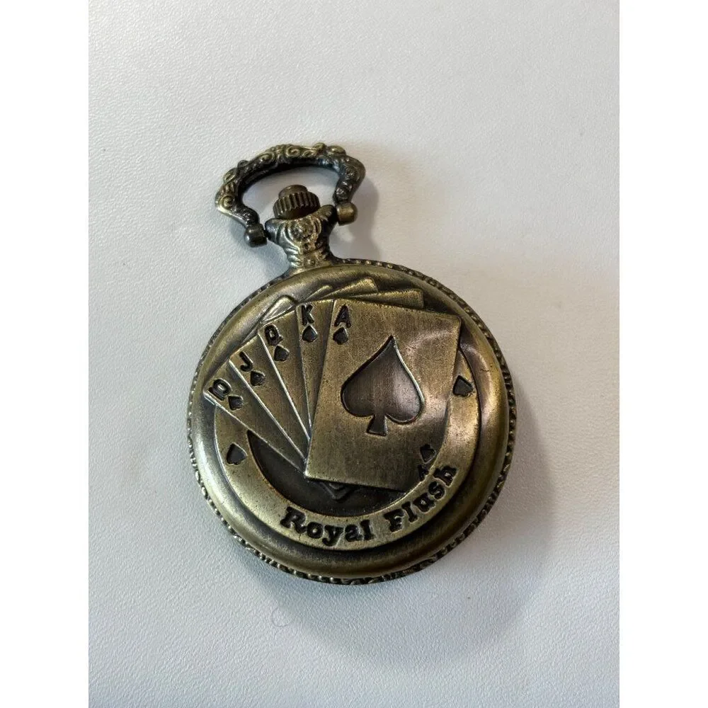 Men's Royal Flush Playing Poker Cards Quartz Pocket Watch Chain Necklace